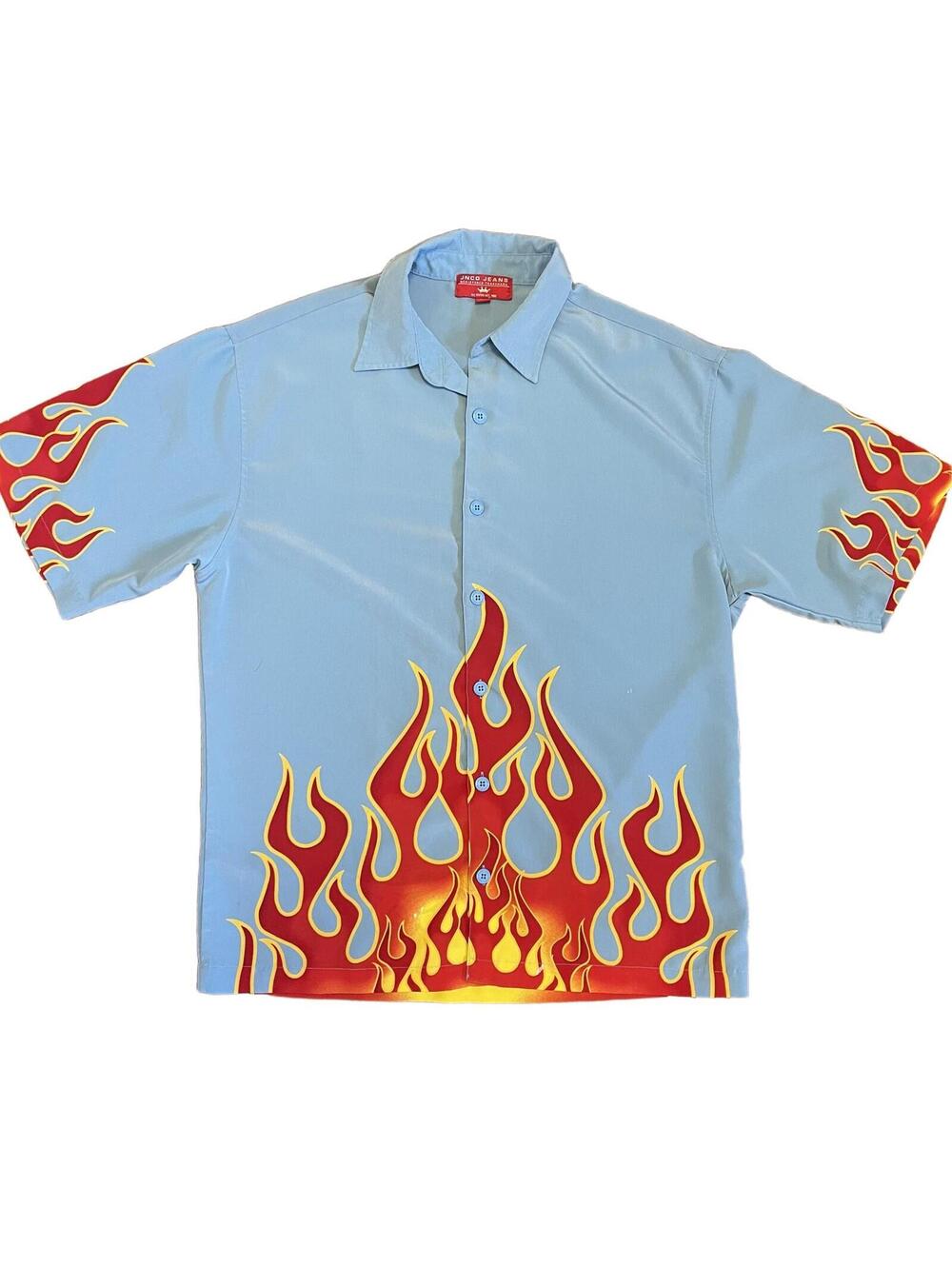 JNCO Jeans Vintage Button Up Shirt Sky Blue with Flames